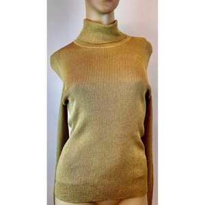Lauren Ralph Lauren Gold Metallic Ribbed Turtleneck Sweater Womens Small Sparkle